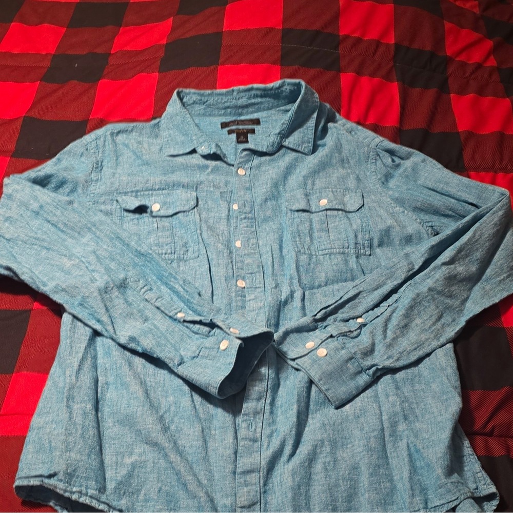 Marc Anthony Linen Blend Slim Fit Solid Aqua Button-Up Shirt XL Long Sleeve